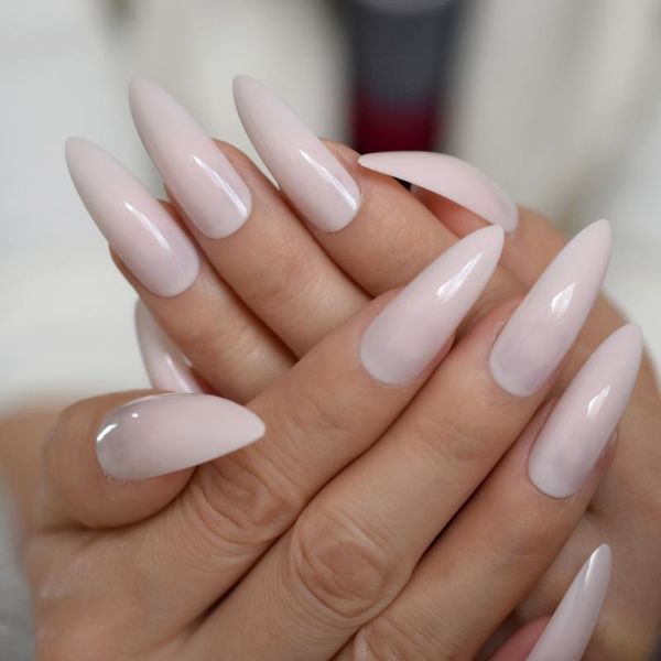 Uñas postizas largas, afiladas, color rosa desnudo, salón brillante, práctica, Stiletto, prensa en la cubierta completa, arte de uñas Abs, falso artificial para adultos