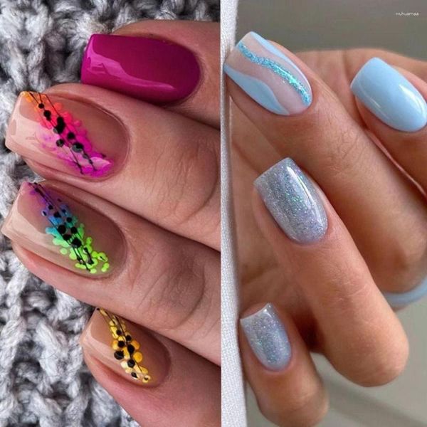 Uñas postizas largas cuadradas azules onduladas francesas falsas Nials cubierta completa puntas de uñas desmontables mujeres niñas