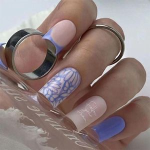 Valse nagels lange vierkante blauwe witte rand nep nials eenvoudige volledige cover nagel tips diy