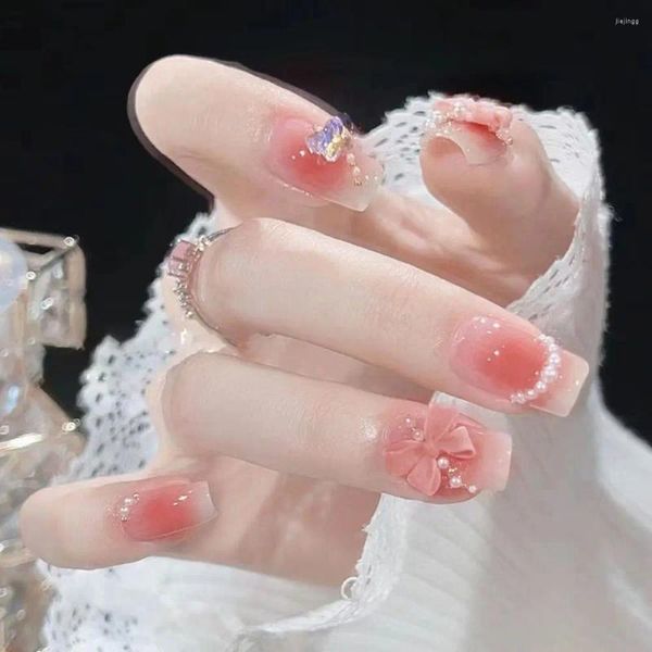 Faux Nails Long Square Fashion romantique rose complet Couverture Press sur French Détachable Fake Nials Women Girls