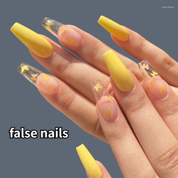 Faux ongles longs papillon jaune ballet ongles trapézoïdaux pièce de manucure faux patch fille finie avec des outils de port