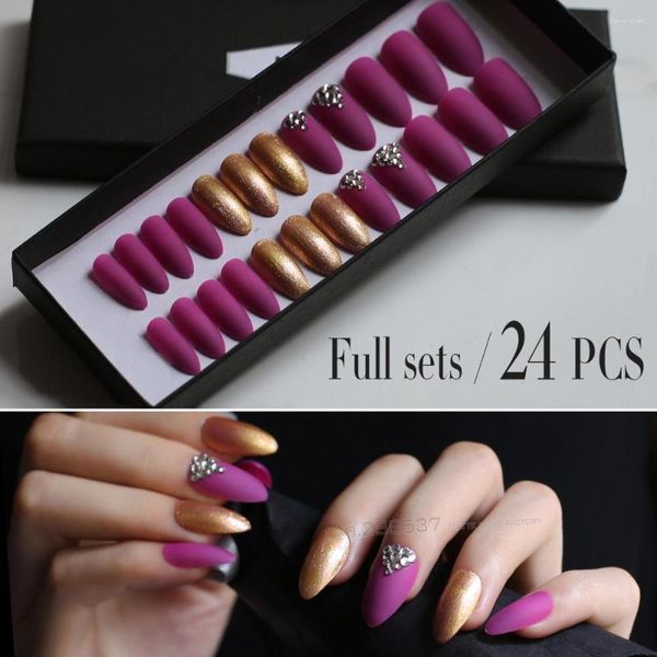 Uñas falsas Motss Golden Glitter 10pcs 24 piezas de pince Matte Deep Rose Red Stiletto Nail Diy 3D Brillante Press en Cristal de Bling Fake