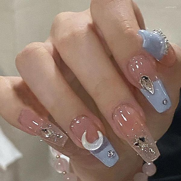 Faux ongles macaron clair étoile lune forme longue ongle Patch diamant ballerine faux portable couverture complète Nail Art ensemble court