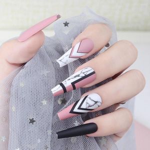 Faux ongles marbre motif Long Ballet avec ligne Design cercueil détachable Nail Art patchs portables appuyez sur manucure