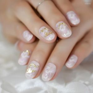Valse nagels marmeren kort glanzende mooie kunstmatige roze 3d smile pers op manicure ronde dagelijkse volledige cover voor datum 24pieces prud22