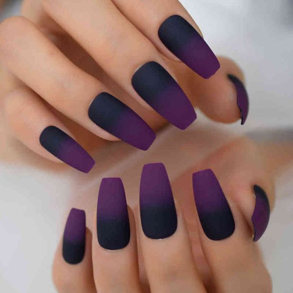 Faux ongles mat plat cercueil français ongles faux presse sur long moyen ombre violet noir réutilisable artificiel acrylique ongles art conseils 220225