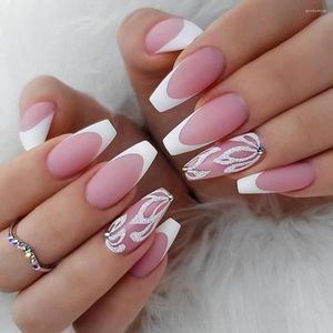 Faux ongles mat moyen ballerine presse sur ongles rose et blanc avec des motifs de fleurs scintillantes artificiel réutilisable faux