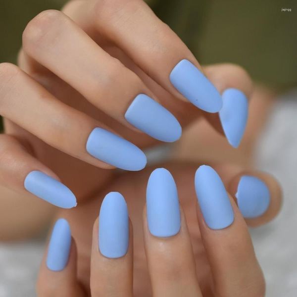 Faux Nails Matte Sky Blue Press sur Summer Medium Long Forme ovale SCULPTED ABS MATÉRIAU FULL COUVERTURE Fantasy Conseils