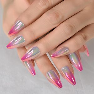 Valse nagels medium kist roze grijs chroom nagel paarse top cellofaan holografische gradiënt druk op tip volledige deksel vingernagels met tab