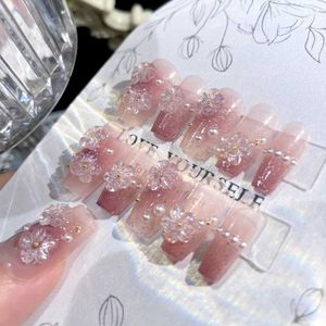 Valse nagels middellange lengte nep nagels 3D bloem parel ontwerpen naakt roze kleur pers op nagels ballerina valse nagels voor vrouwen diy manicure z240603