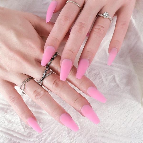 Uñas postizas Medio Rosa puro Color sólido Diseño de uñas Presione en las puntas de las uñas para viajes al aire libre Fechable con herramientas