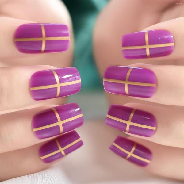 Faux ongles moyen violet or croix conception Squoval brillant carré presse sur Salon manucure réutilisable faux ongles Art conseils