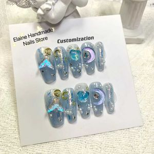 Faux ongles sirène queue de poisson conçoit des ongles 3D brillant bleu fini artificiel à la main lune décoration ballet réutilisable presse sur les ongles Q231114