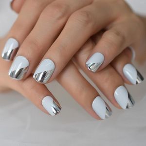 Faux ongles métal miroir presse française sur argent métallisé couverture complète court carré faux Salon Clip ongles pour femmes filles