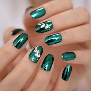 False Nails Metallic Mirror Acrylic Custom Press On Green Alloy Silver Leaf Decoration Lady Fingernails 24