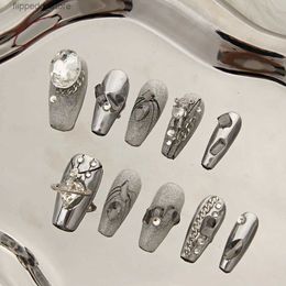 Faux ongles miroir argenté longs ongles noirs français ongles cool fleur chaîne décor coeur forme presse sur faux ongles Q231114