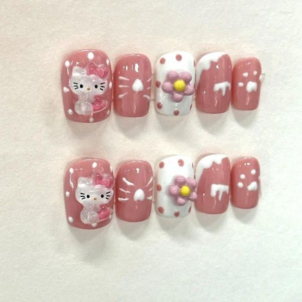 Faux ongles Misskitty fait à la main à pression Kitty couleur bonbon dessin animé mignon porter des autocollants amusants pour enfants Wearab