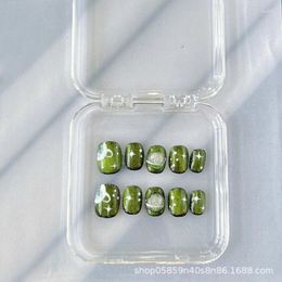 Faux ongles Misskitty fait à la main Press-on Wear carré diamant brillant planète vert chat oeil beauté bijoux fini faux doigt amovible R