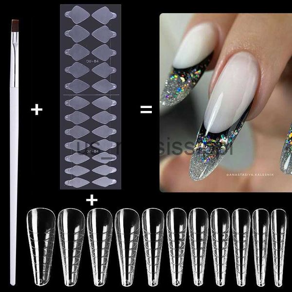 Faux ongles ongles double forme silicone français ligne autocollant acrylique extension faux ongles conseils sculptés couverture complète ongles avec kit de brosse à ongles x0826