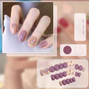 Faux ongles ongles couverture complète faux élégant rose dégradé paillettes presse courte cercueil français sur 24 pièces Na T6O5