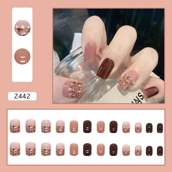 Faux Ongles Conseils Ongles Cercueil Simple Mi Long Patch En Automne Et Hiver Perle Brun Foncé Pour Salon