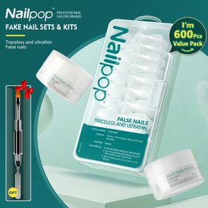 Faux ongles Nailpop 600 pièces faux ongles avec Kits de colle ensemble d'ongles artificiels acryliques professionnels tremper UV/LED pointes d'ongles solides Gel Mancure 231204