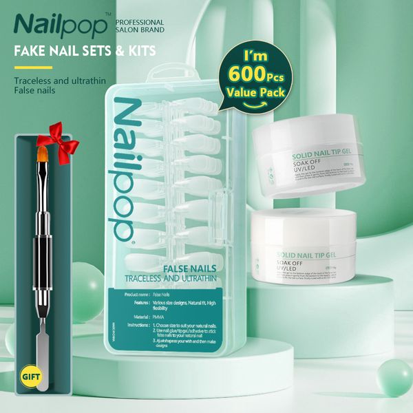 Nails falsos Nailpop con conjuntos de pegamento Embalaje en la caja Soak Off UVLED Sólido Nail Tip Gel Acrílico Kits falsos Herramienta de manicura 230909