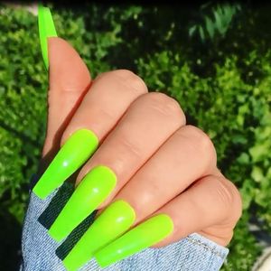 Faux ongles néon vert cercueil faux longue couverture complète ballerine artificielle impressionner presse sur Lange Nep Nagels manucure française