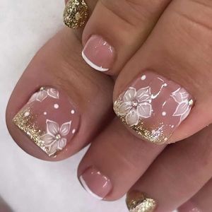 Valse nagels nieuwe witte bloem kunstmatige teen nagels met gouden folie valse teennagel tips Frans dame meisje draagbare pers op nagels voor fts t240507