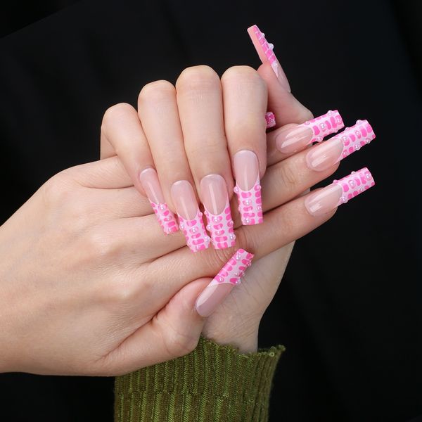Faux Ongles Fond Nude sur les pointes pour créer des ongles en acrylique en cristal de perle française imprimée rose nake carré faux ongles Salo 221031