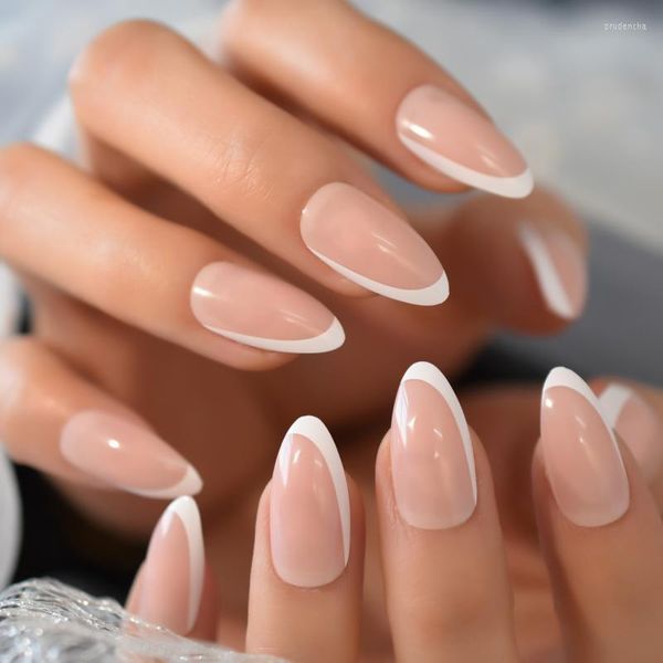 Faux Ongles Couleur Nude Artificielle Pointe D'ongle Moyen Français Amande Conseils Pour Acrylique Faux Bordure Blanche Prud22