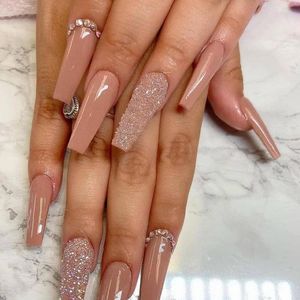 Faux Ongles Presse Nude Sur Strass XL Longueur Cercueil Faux Ongles Conseils Pré Conçu Z160