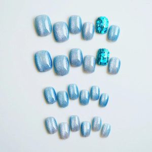 Kunstnagels oceaanblauw - lengte nep met glitterdecor Charmant comfortabel om manicure te dragen voor dagelijks gebruik en feestjes