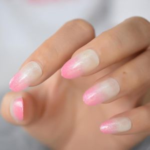Valse nagels ombre gradiënt roze Franse pers op nep nagels tips glinsterende glitter ovaal ronde volledige dekking draagbare afneembare uitbreiding