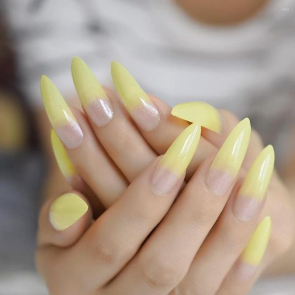 Faux Nails ombre néon jaune faux extra long STILetto Glossry acrylique faux ongles salon Profession Products Conseils 24