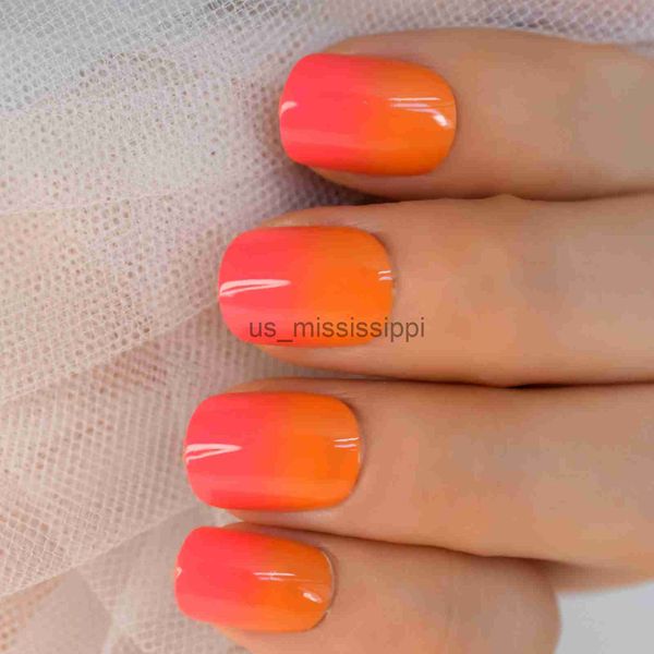 Faux Ongles Ombre Orange Rouge Français Astuce Presse Sur Les Ongles Court Rond Couverture Complète Faux Faux Ongles Pour Bureau Scolaire Avec Autocollant Adhésif x0826