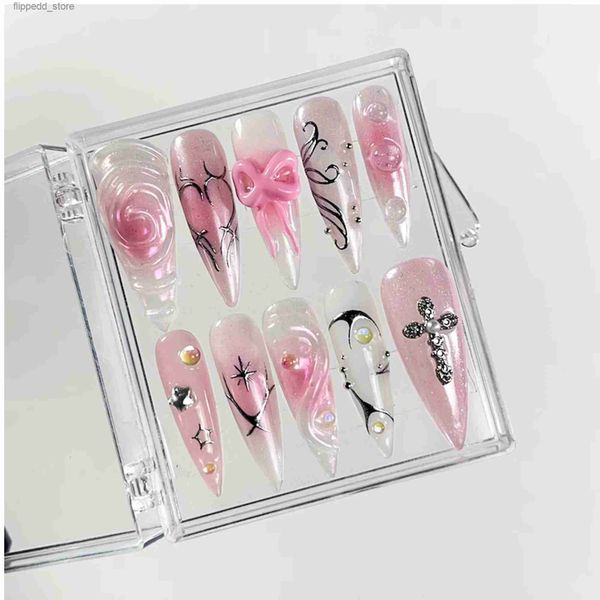 Faux ongles Pink Butterfly Magic Mirror Nail Piece / Comprimés à ongles de dessin animé / Appuyez sur les ongles / Ongles de mariage noirs / Ongles de presse faits à la main / Q231115