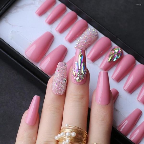 Uñas postizas, ataúd rosa, cristal ostentoso, acrílico, diseño de caviar de Ballet, logotipo personalizado con etiqueta adhesiva