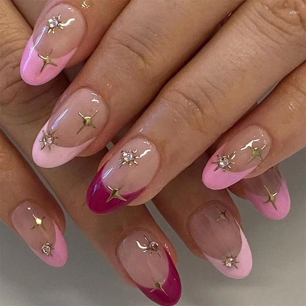 Faux ongles bord rose rose rouge patch d'ongle eau diamant or étoile brillant portant des clips en gros pour belle fille