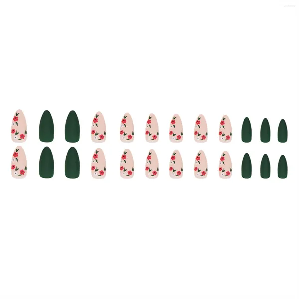 Faux Ongles Rose Fleur Vert Faux Sans Vernis Durable Porter Matériau Sûr Ongles Pour Fête Rencontres Et Mariage