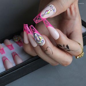 Valse nagels roze Franse spider web extra gel luxe crystal fasle ballet art press op naakt heldere kunstmatige kist nep prud22