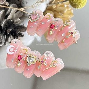 Faux ongles rose paillettes strass faux ongles conseils couverture complète presse sur les ongles Y2K fait à la main cercueil court acrylique faux ongles avec colle bricolage cadeau Q231114