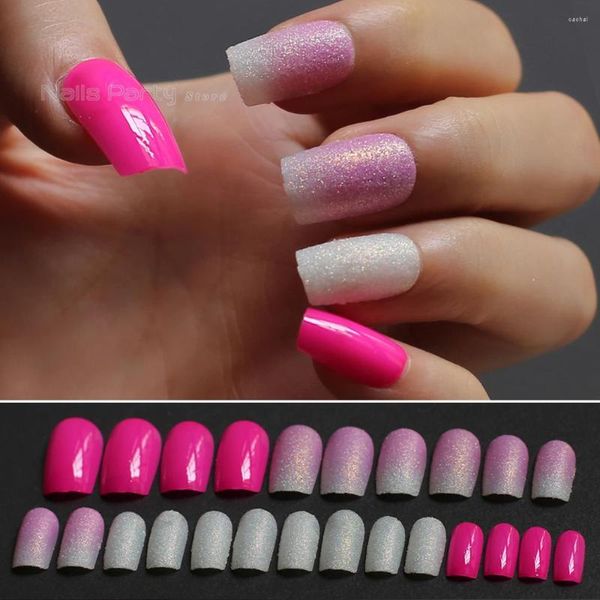 Uñas postizas Rosa degradado Flash largo diseño de cabeza cuadrada Rosa rojo 24 Uds marfil blanco arte falso selección de etiquetas de doble cara