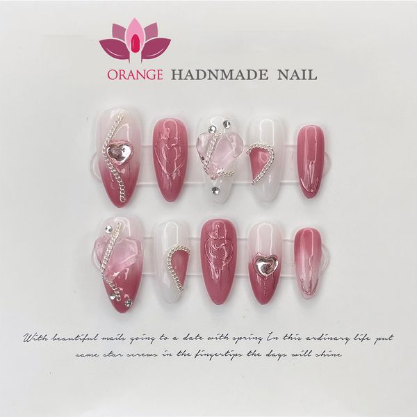 Faux ongles rose presse à la main sur couverture complète manucure coeur japonais portable artificiel avec des dessins orange magasin 230922