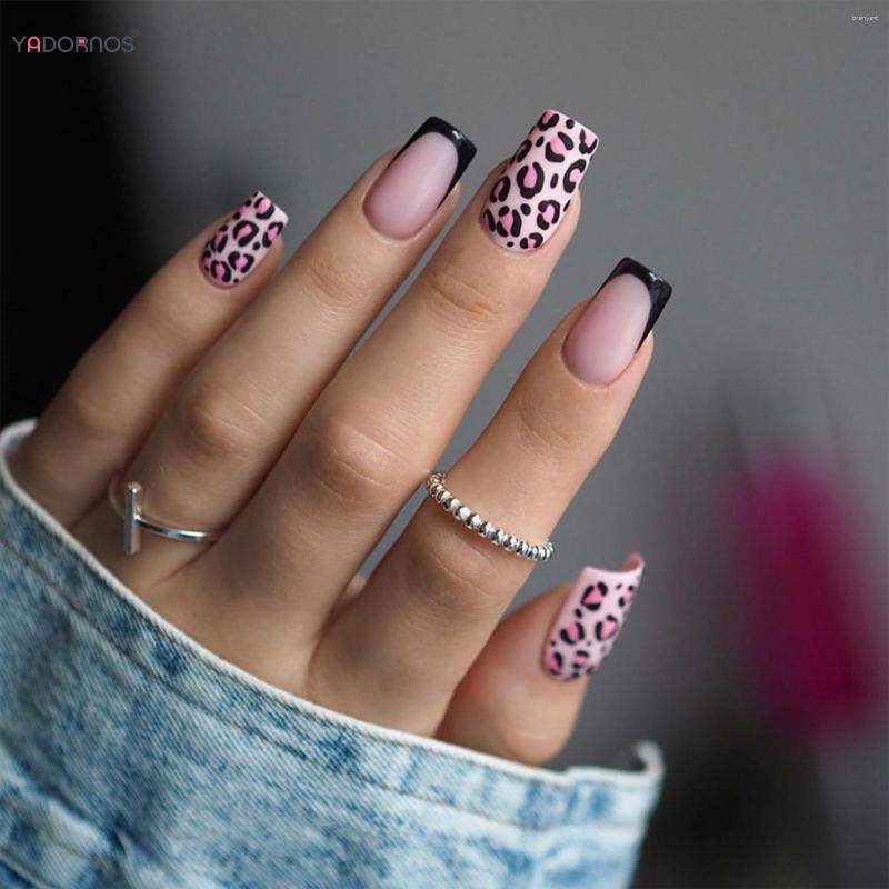 Valse nagels Roze luipaardprint Druk op zwarte Franse tips Volledige dekking Nep Gemiddelde lengte Vierkant voor dames Meisjes