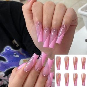 Valse nagels roze manicure gereedschap kist vol dekking draagbare nep nagels lang Franse strass ballerina