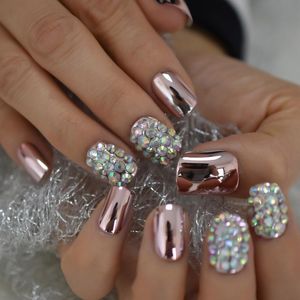 Valse nagels roze metallic sexy acryl nail art tips licht ab steentjes decoratieve spiegel glanzende korte kunstnagelsfalse