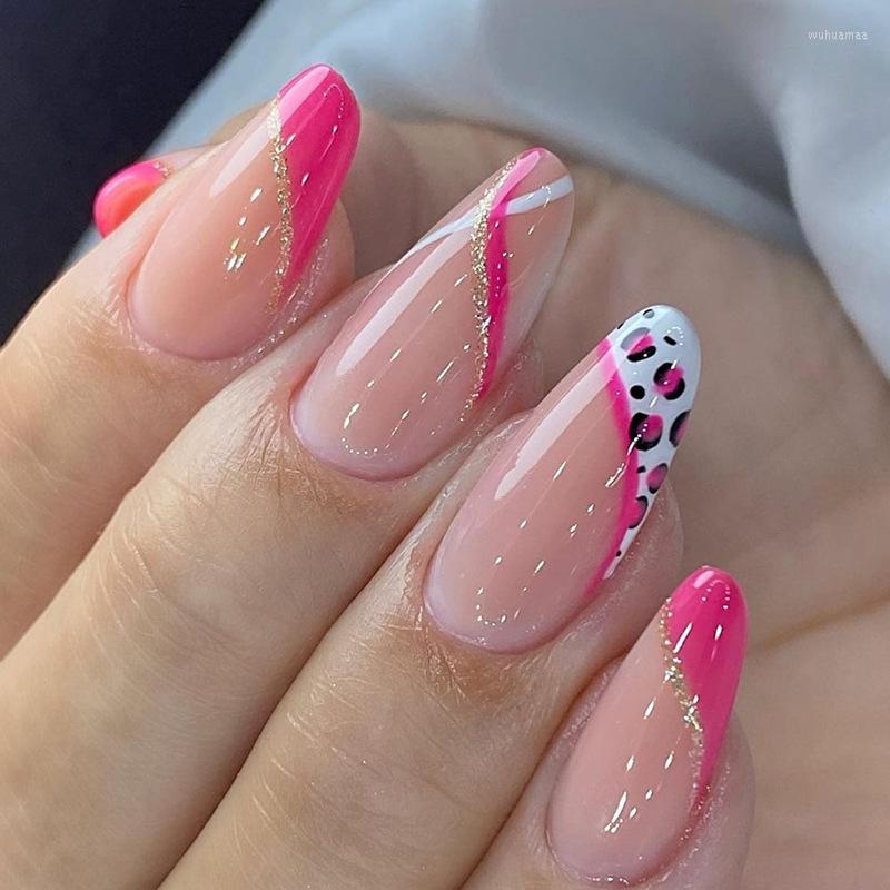 Künstliche Nägel, rosa, nackt, Leopardenspitze, gefälschter französischer Stil, glitzernde Nagelkunstlinien, vollständige Tipps zum Aufdrücken von Zubehör