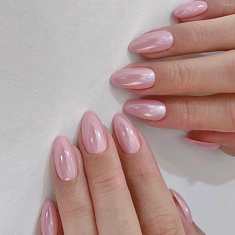 False Nails Pink Solid-Color Almond Fake Ultra Flexible For Lasting Comfort Hand Decoration Nail Art