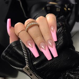 Valse nagels roze v Franse volledige dekking druk op nagel 24 stks lange trapeziumvormige draagbare manicure verwijderbare patch prud22